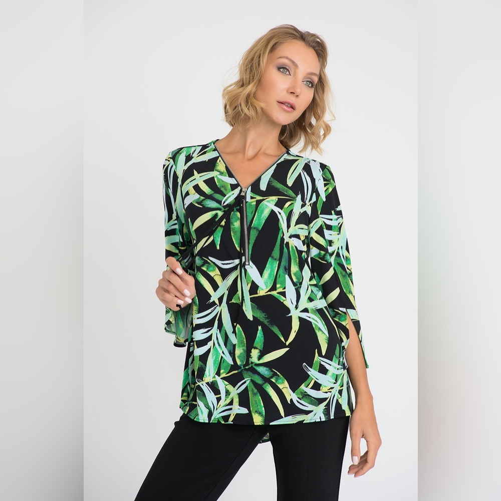 Joseph Ribkoff black and green leaf print tunic with a V-neckline size 4
